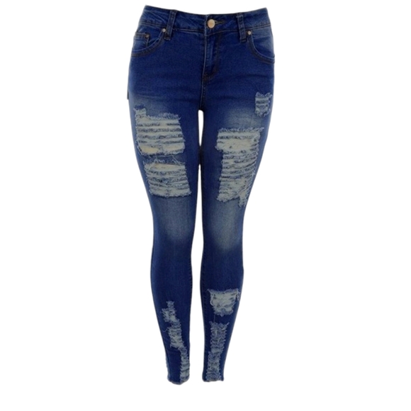 Denim - Rock Distressed Denim Skinny Jeans